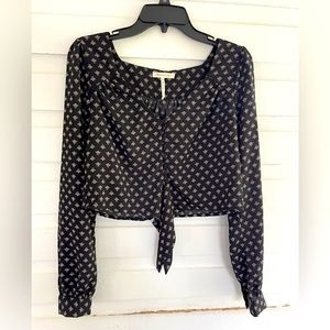Urban Outfitters Black Floral Bees Crop Tie Long Sleeve Blouse Top Size S